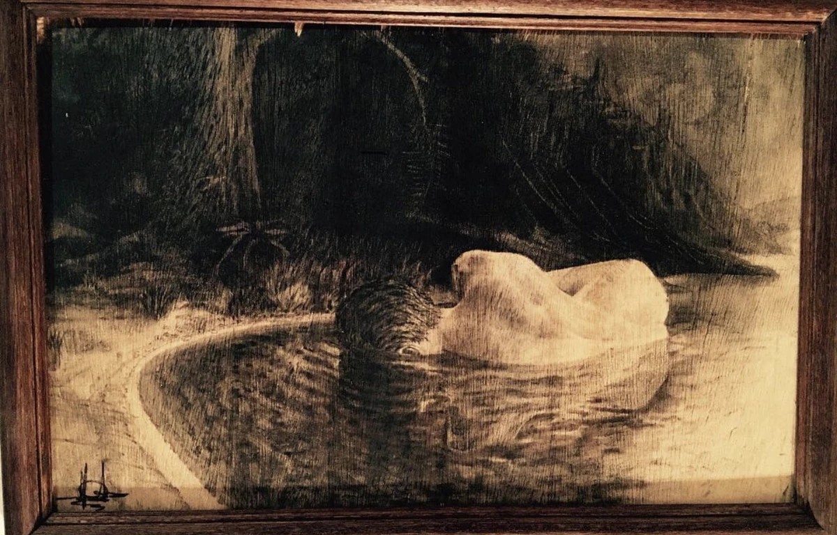 Nude on wood — charcoal study, chiaroscuro
