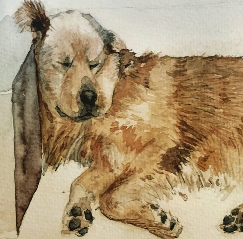 Watercolor: golden retriever portrait at rest