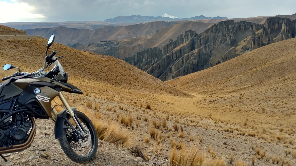 BMW GS overlooking Bolivian canyon system