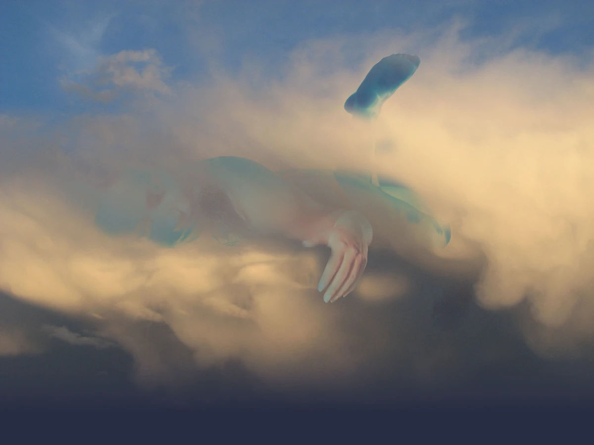 Surreal figure dissolving into cloudscape — visionary series